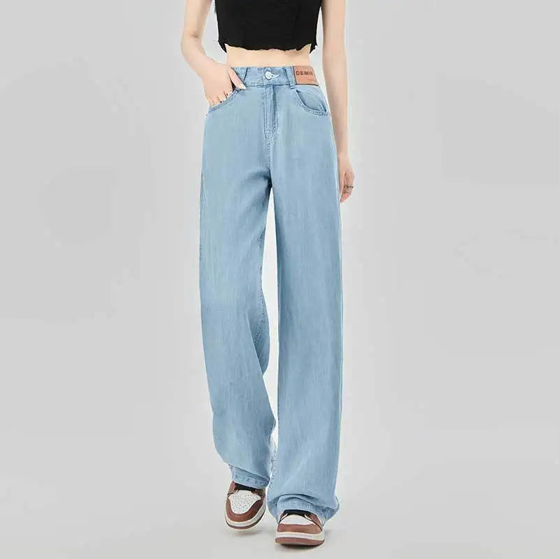 Blue Ice Silk Jeans Women's Summer Thin Straight Pants Micro Speaker Mop Wide Leg Pants Long Pants Y2K Denim Casual Pants Pocket