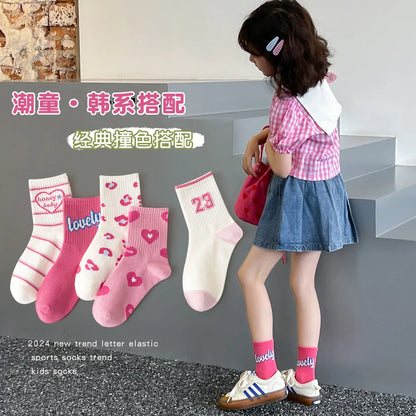 5 Pairs Children's Socks Girls Boys Trendy Pattern Sport Sock Autumn Kids Mid-calf Socks Cotton Socks