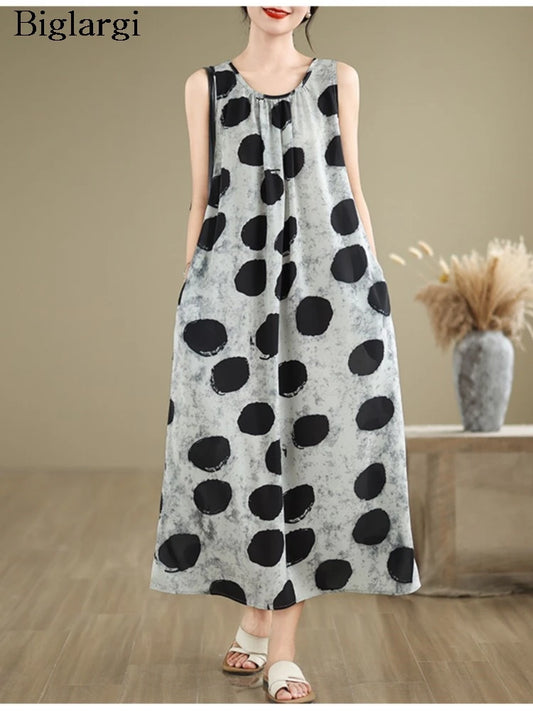 Oversized Summer Sleeveless Polka Dot Print Long Dress Women Loose Ruffle Pleated Fashion Ladies Dresses A-Line Woman Dress