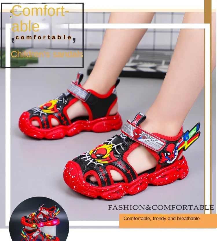 Disney LED Sport Sandals Summer Cartoon Spiderman Sandals for Boys Casual Beach Shoe Soft Sole Kids Shoes