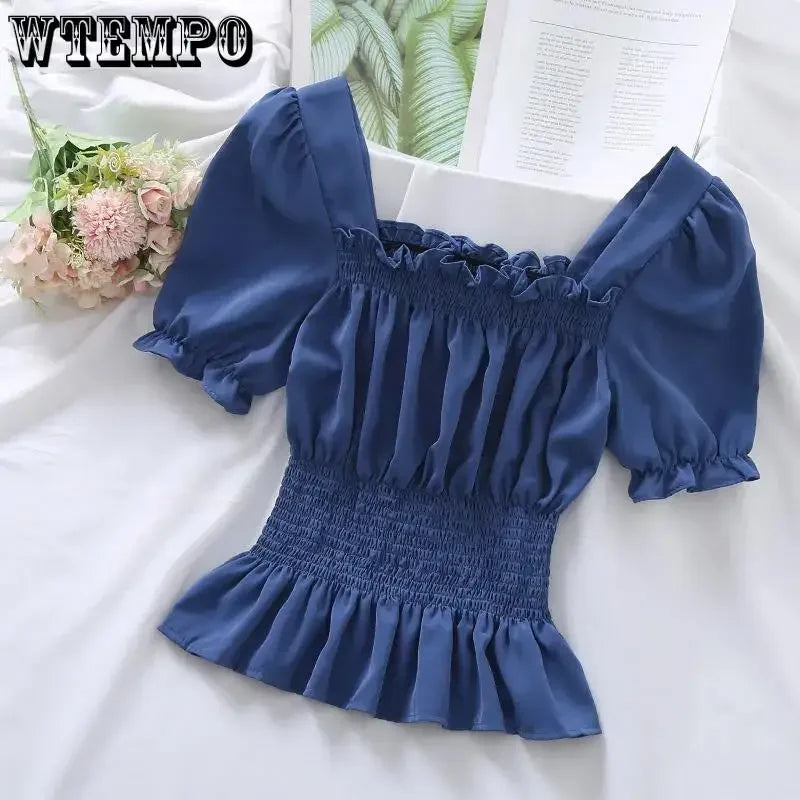 Short Chiffon Shirt Square Neck Top Puff Sleeve Design Women's Short Sleeve Thin Shirt  Womens Blouses Wholesale