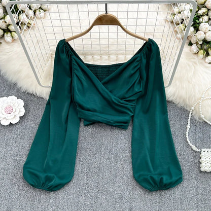 Chic Puff Long Sleeve Criss-cross Slim Blouse Korean Fashion Pleated Crop Top Sexy Shirt Hotsweet Spring Autumn Women Clothes