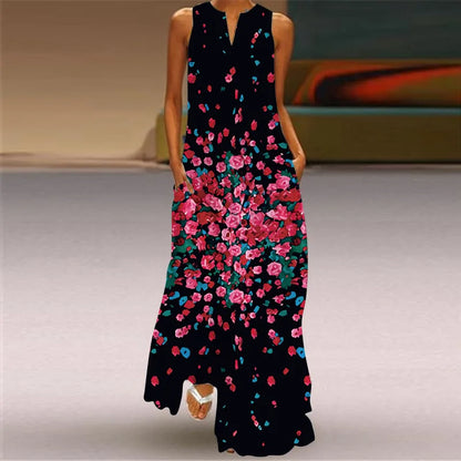 Fashion V-Neck Printed Sleeveless Women Maxi Dress Summer Casual Loose Straight Beach Long Dresses Ladies Sundress Lady Vestidos