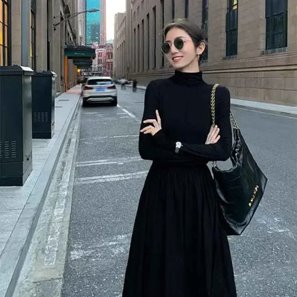 Hepburn Style Women Dress High Waist Elegant Black Midi Dress Fashion Korean Half High Collar Long Sleeve A Line Dress Autumn