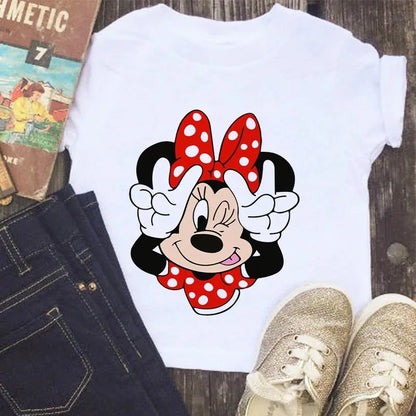 Disney Series Mickey Minnie Anime Clothes T-shirt Boy Girl Casual Summer White Pink Cotton Children's Clothing Baby Kawaii Tees