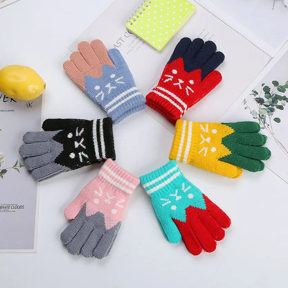 Winter Knitted Children's Gloves 4-10 Years Warm Soft Wool Cartoon Cat Kids Gloves Unisex Boys Girls Full Finger Mittens