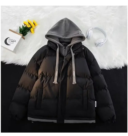 Winter New Style Padded Jacket Thickened Hooded Two-piece Illusion Puffer Jacket For Men Women Loose-fit Couple Student