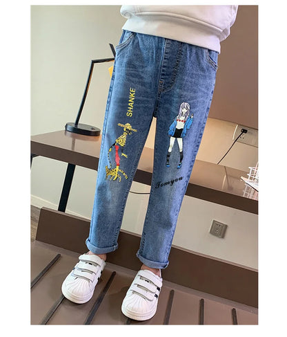 Girls Jeans Kids Cartoon Print Elastic Waist Denim Pant 2024 Spring Fall 3 To 12Yrs Teenagers Trousers Children's Cotton Clothes