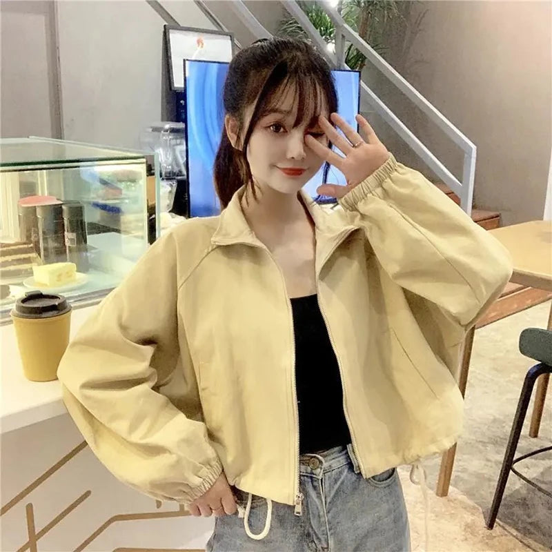 Vintage Baseball Jacket Women Korean Zipper Soild Drawstring Sexy Cropped Tops Harajuku Y2K Pocket Loose Casual Female Outwear