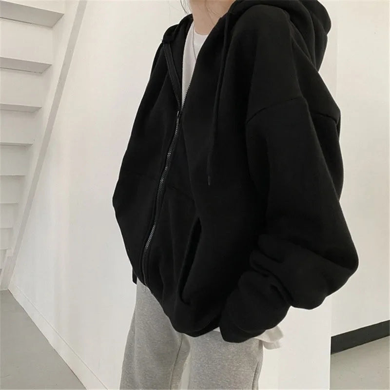 Lucyever Gray Zip Up Hoodie Coat Women Streetwear Harajuku Oversized Hood Jacket Female Autumn Retro Solid Color Sweatshirts