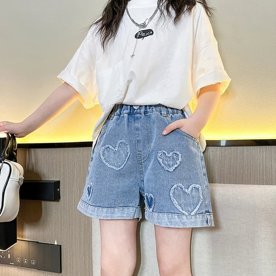 Girls Denim Short Heart Pattern Jeans For Girls Summer Children Jeans Casual Style Kids Clothes 6 8 10 12 14