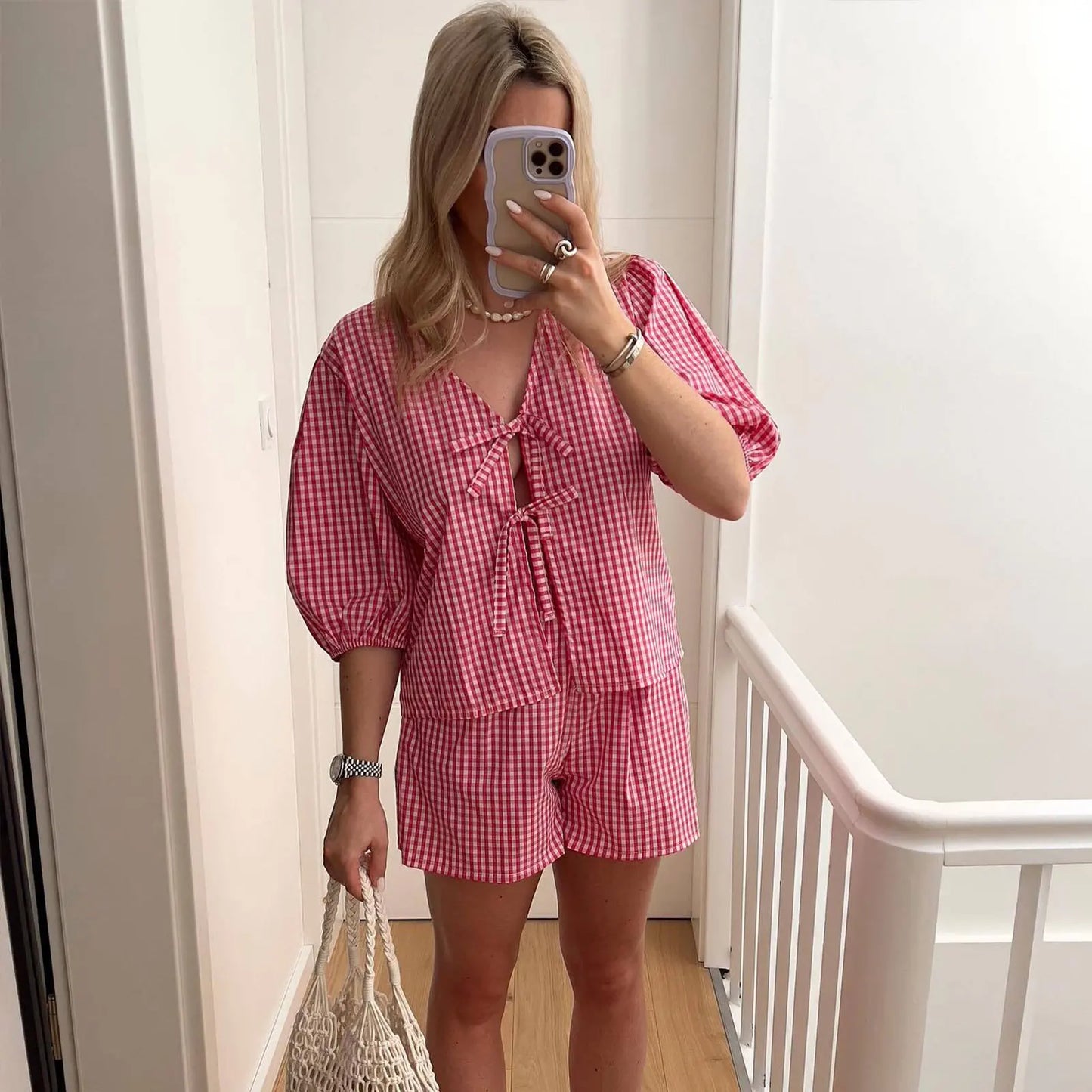 TRAFZA Summer Women Plaid Shirt Shorts Suit Lace Up Short Sleeve V Neck Blouse Top Elastic Waist Pant Y2k Female Streetwear Sets