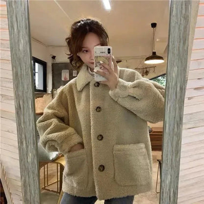 Petitefleece-lined Thickened Sheep Fleece Jacket Women's Autumn/winter 2024 New Style Loose-fit Sweatshirt Versatile Students