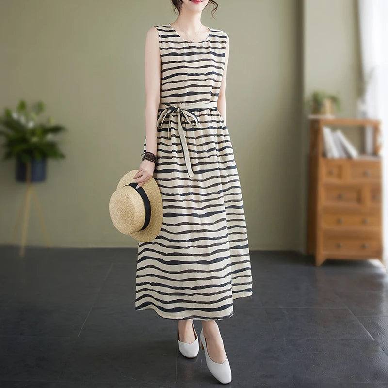 2023 Summer Vintage Print Striped V-neck Dresses Women Sleeveless Casual Loose Cotton Linen Dress Elegant Vestidos Robe Femme