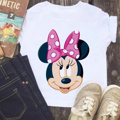 Disney Series Mickey Minnie Anime Clothes T-shirt Boy Girl Casual Summer White Pink Cotton Children's Clothing Baby Kawaii Tees