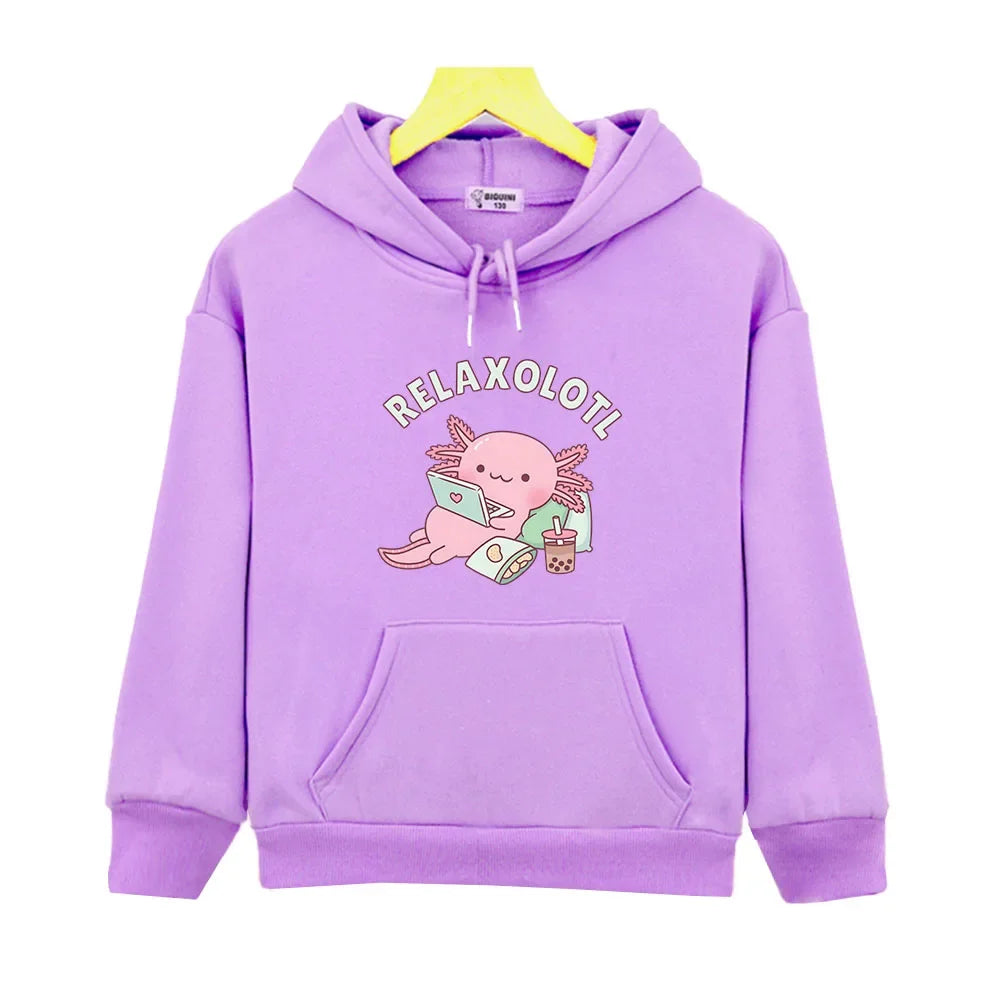 Cute Relax A Lot Axolotl Hoodie Cartoon Funny Pun Graphic Sweatshirt Y2k Clothes Kids Winter Pullover Boys Hoodie Girls Clothing