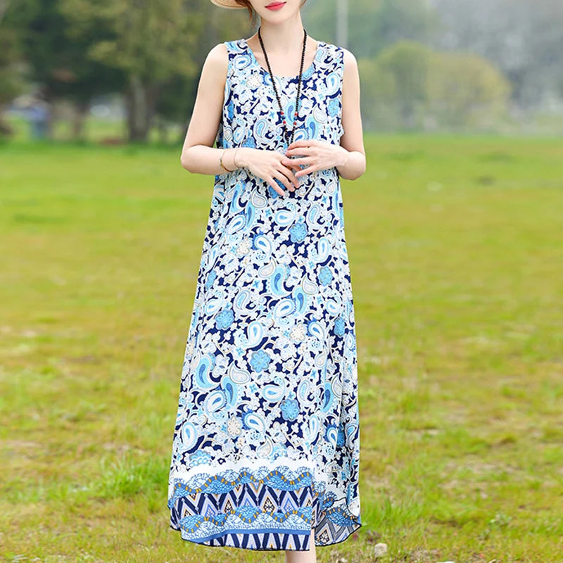 Hot 2024 New Fashion Floral Printed Summer Dress Vestidos Elegant Short Sleeve Slim O-Neck sleeveless Dresses For Women clothing