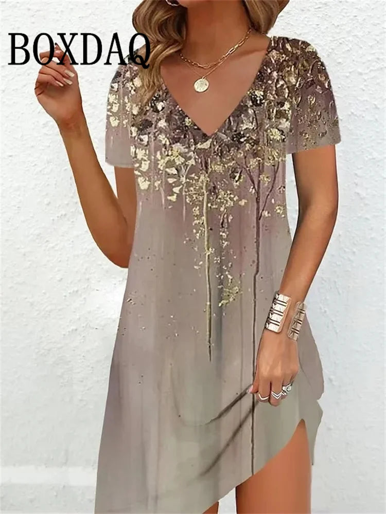 2023 Fashion Plus-Size Dress Casual Loose V-Neck Ladies Summer Print Party Women's New Summer Pullover Short Sleeve Dress