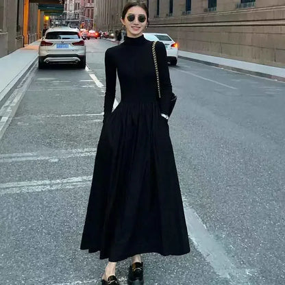 Hepburn Style Women Dress High Waist Elegant Black Midi Dress Fashion Korean Half High Collar Long Sleeve A Line Dress Autumn