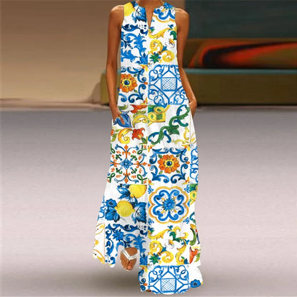 Fashion V-Neck Printed Sleeveless Women Maxi Dress Summer Casual Loose Straight Beach Long Dresses Ladies Sundress Lady Vestidos