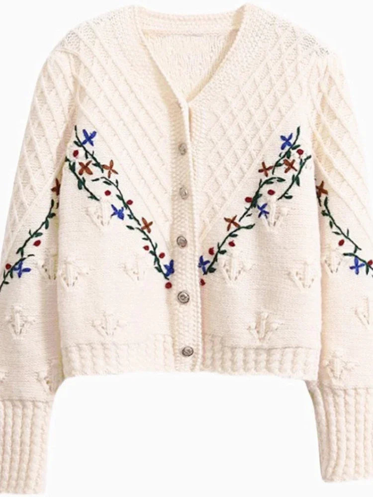 Knitted Cardigan Sweater Women Embroidery Hook Flower Vintage Sweaters Coat Women's Autumn Winter New Fashion Long Sleeve Top