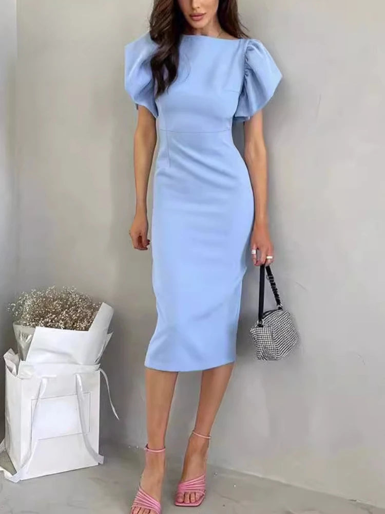 New in Summer Women Dress Elegant Ruffle Sleeve Office Ladies Bodycon Dress Chic Blue Slit Hip Skirts Midi Party Dress for Women