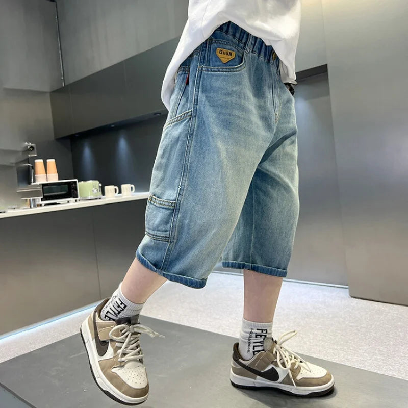 Summer Denim Shorts Big Kids Boys Loose Elastic Waist Children Casual Letter Patchwork Jean Short Children Cotton Jeans 4-14Y