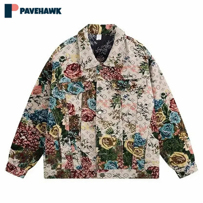 Varsity Denim Jacket Man Women Casual Flower Jacquard Cowboy Jackets Oversized Spring Autumn Unisex Coats Retro Cargo Outwear