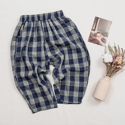 Children's Retro Blue Plaid Trousers 2024 Spring Autumn New Korean Boys And Girls Double-Layer Cotton Casual Harem Pants WTP121