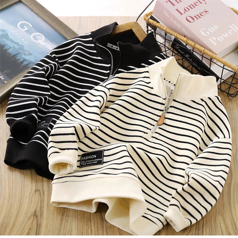 Boys Stripes Sweatshirt Coats Spring Autumn Girls Casual Pullover Big Kids Clothing Lapel Zipper Tops Children Sportswear 4-14Y