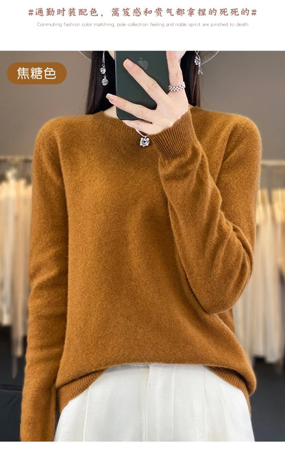 Women 100% Pure Merino Wool Knitted Sweater Autumn Winter Fashion O-Neck Pullover Seamless Jumper Tops Cashmere Warm Clothes