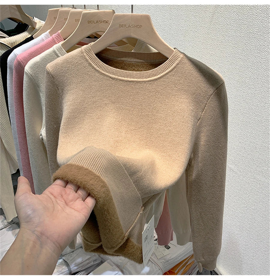 O Neck Winter Sweater For Women Thicken Slim Soft Knitted Tops Plus Velvet Long Sleeve Pullover Casual Warm Malhas Jerseys