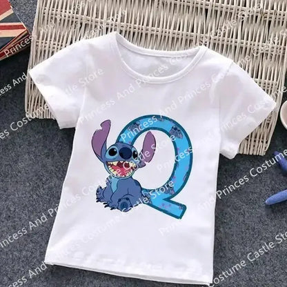 Stitch Letter A B C D Children  T-Shirt Name Combination Tee Shirts Cartoons Kid Casual Clothes Girl Boy Harajuku Tops