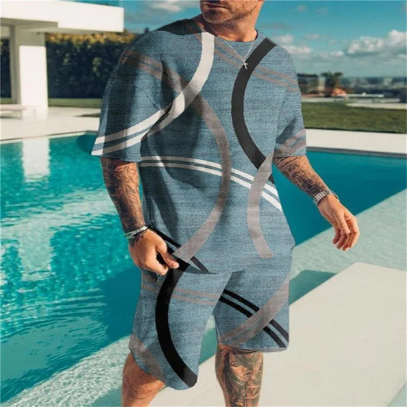 Summer Beach Men's Tshirt Set 3D Print Geometric Pattern Men Woman Round Neck T-Shirt Shorts Two Piece Set Casual Man Clothing