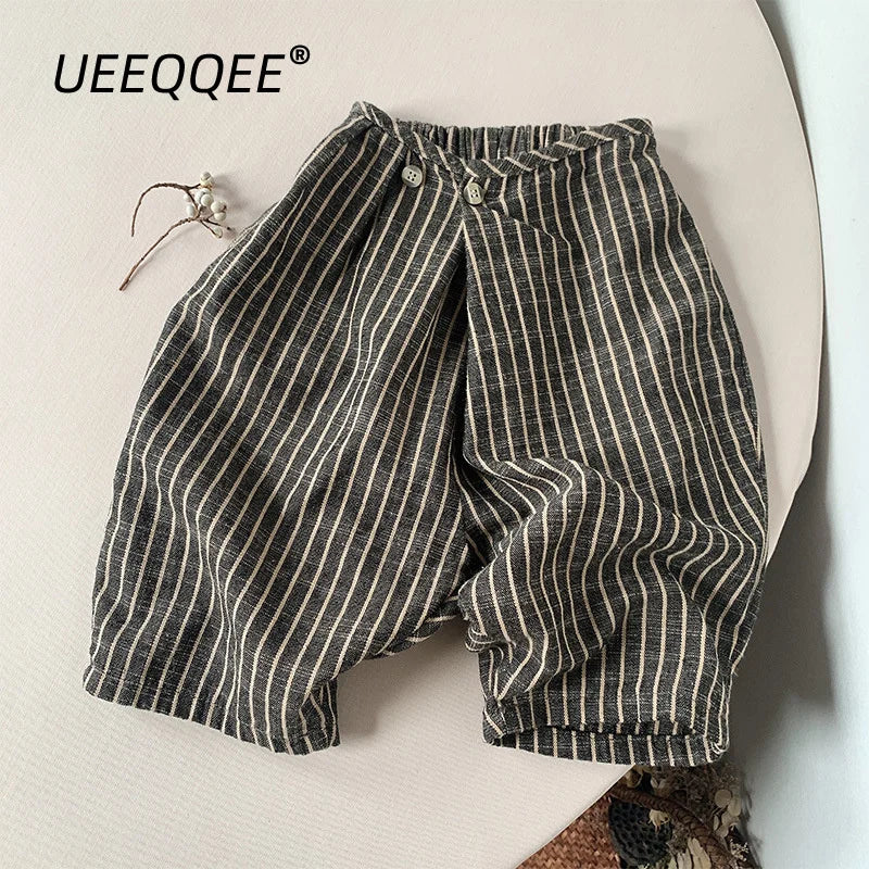 Spring Autumn Children Pants 1-8Y Boys Cotton Linen Striped Wide leg Casual Trousers Toddler Wear Kids Clothing For 2024 New