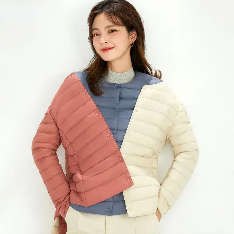 2024 New Women Liner Duck Down Jacket O-neck Variable V-neck Female Fall Spring Autume Collarless Light Quilted Puffer Coat