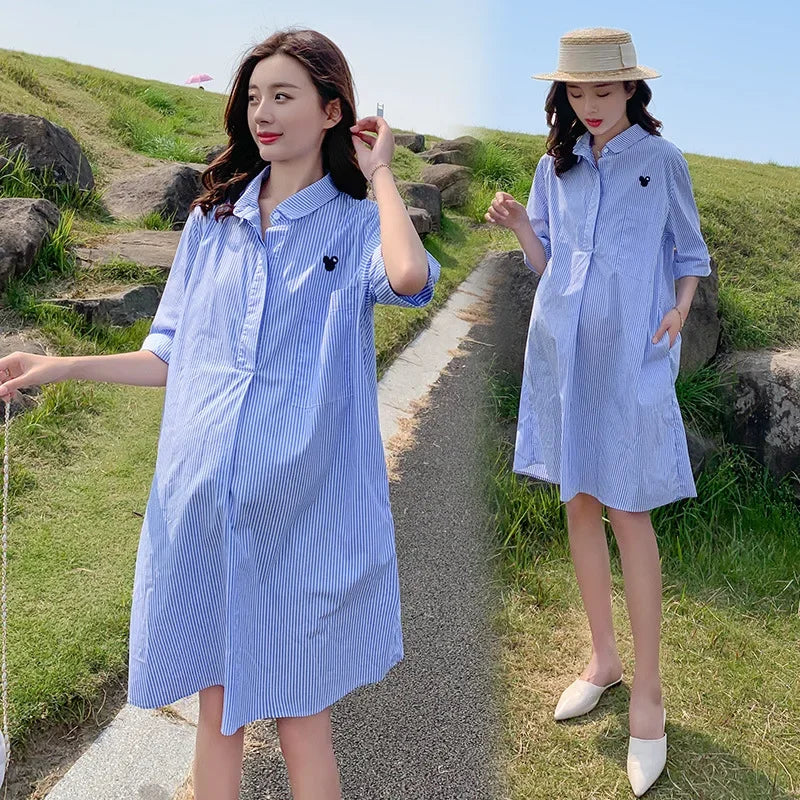 Maternity Dresses Cotton Summer Clothes for Pregnant Women Fashion Oversized Mid Length Shirt Skirt Casual Pregnancy Vestidos