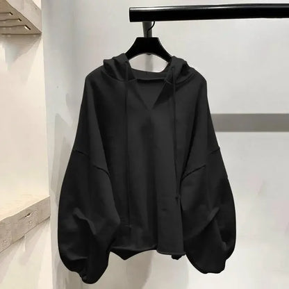 2023 Spring Autumn Women's Thin Bfidle Style V-neck Hooded Korean Version Batman Loose-fit Top