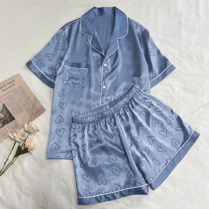 Summer Satin Silk Pajamas Women Short Sleeves Shorts Fresh Love Heart Printing Thin Casual Sleepwear Suit Homewear Pyjamas Girl