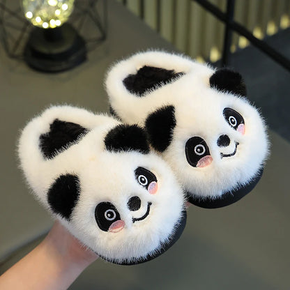 New Winter Warm Cute Cartoon Panda Indoor Mule Soft Non-slip Kids Fluffy Slippers For Boys And Girls Children Home Cotton Shoes