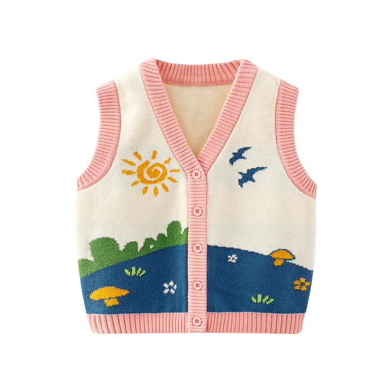 Spring Autumn Toddler Girls Waistwear Painting Jacquard Pastoral Style Children Girls Knitwear Cotton Knitted Baby Girls Vest