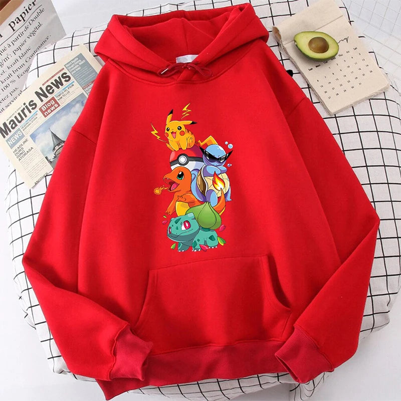 Pokémon Print Women's Plush Hoodie Red Sports Sweater Loose Top