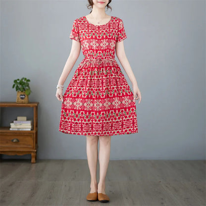 THHONE Summer Dress for Women Floral Casual Print Loose Vintage Draw String Robe Elegant Mini New in Dresses Vestido Feminino