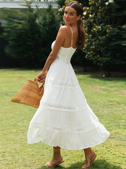 White Spaghetti Straps Dress Elegant 2023 Summer Women Holiday Hollow Out Long Beach Sundress Soft Smock Split Vestido A1074