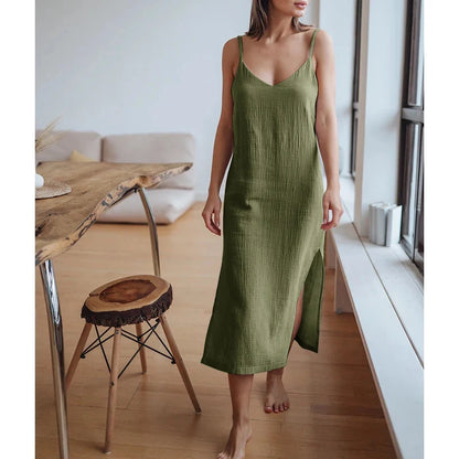 Muslin 100% Cotton Gauze Women'S Dress Sexy Adjustable Strap Sleeveless Open Side Maix Long Dress Summer Comfortable Outfit