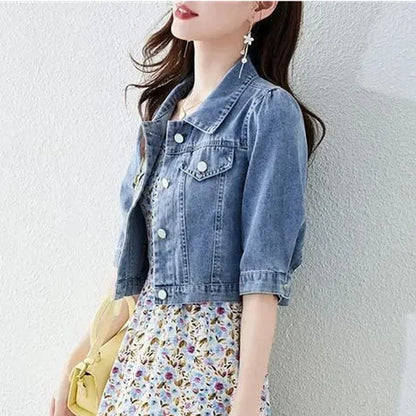 Vintage Crops Trendy Turn Down Collar Jackets Women Basic Solid Outwear Half Sleeve Denim Fit Harajuku Street Denim Jacket Women