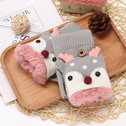 4-12 Years Children Gloves Winter Girls Knitted Half Finger Flip Gloves Plush Thick Warm Cartoon Boy Christmas Deer Kids Mittens