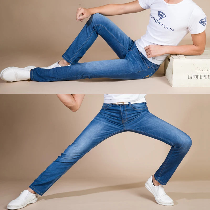 Brother Wang Classic Style Men Brand Jeans Business Casual Stretch Slim Denim Pants Light Blue Black Trousers Male