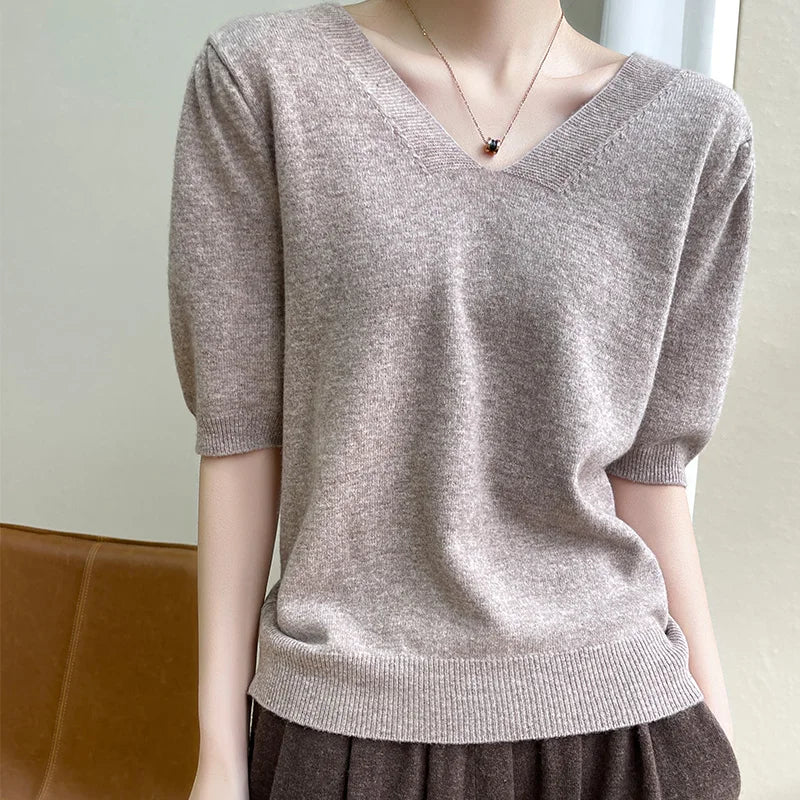 2022Spring Sweater 100%Wool Short Sleeve Women New T-Shirt Double V-Neck Pullovers Thin Vest Loose Cashmere Knit Tops Base Shirt