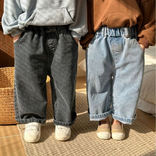 2024 Autumn boys and girls solid color denim wide leg pants unisex children casual all-match jeans